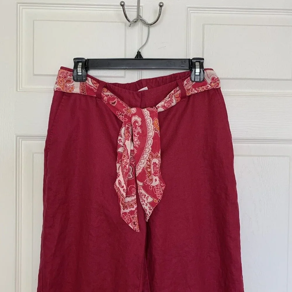 Liz Claiborne Audra Size 8 Wine Color 100% Linen Wide Leg Cropped Belt